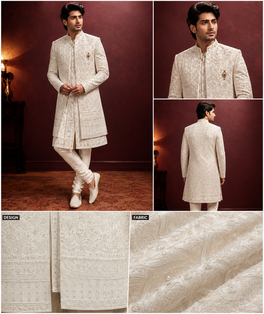 Ivory Embroidered Indo-Western Sherwani