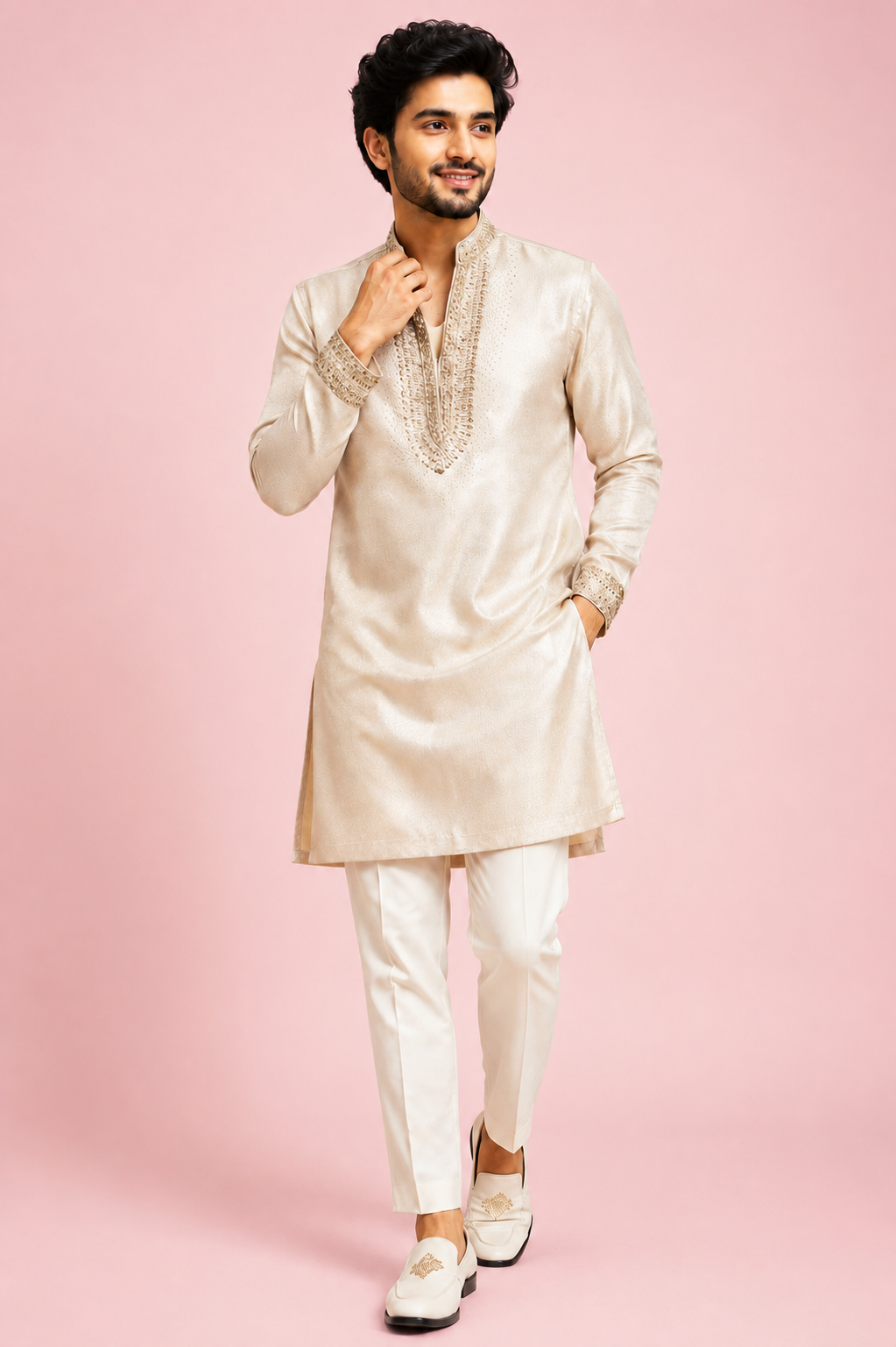 Ivory Gold Embroidered Festive Kurta Set