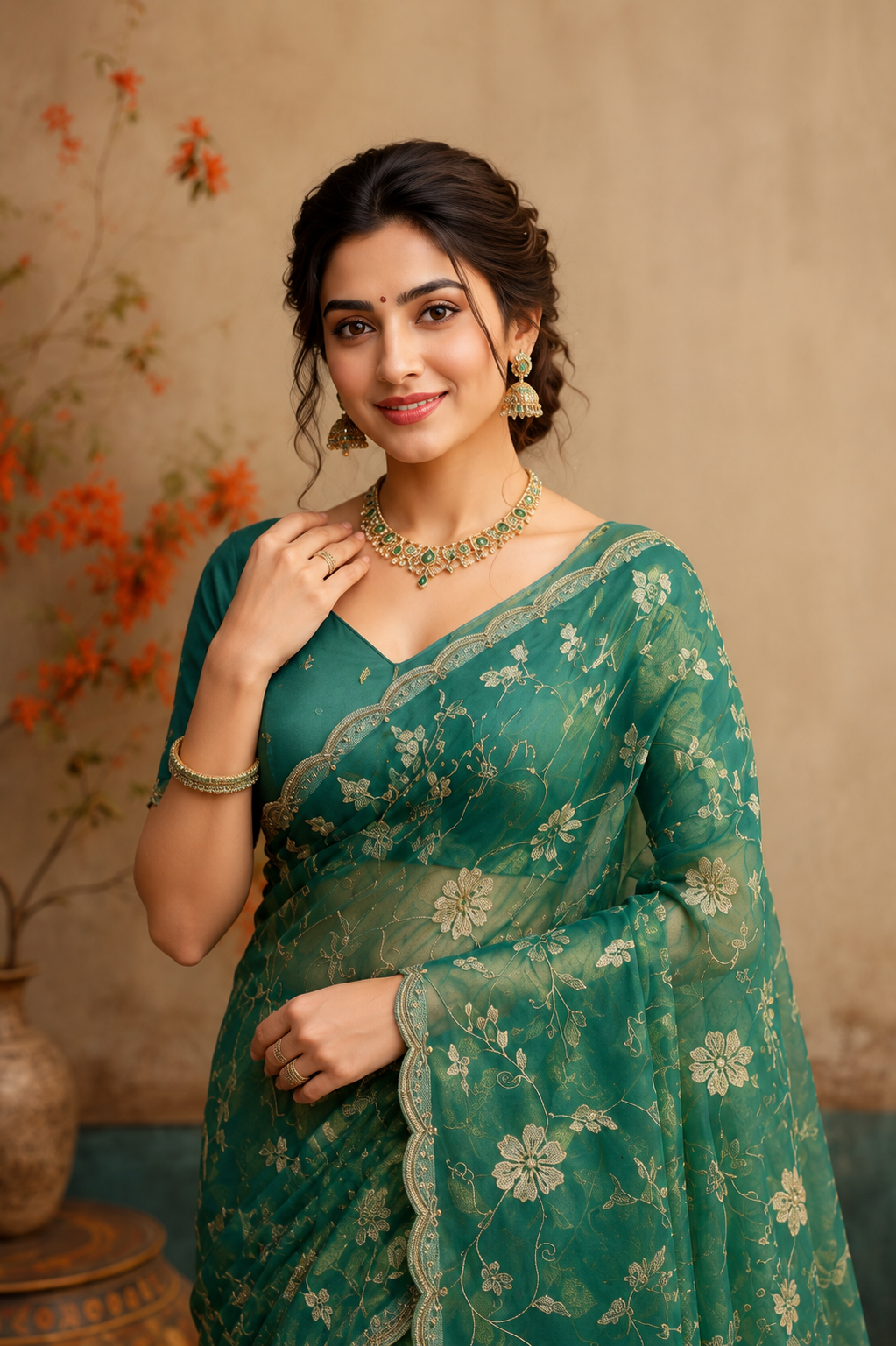 Sea Green Floral Embroidered Organza Saree