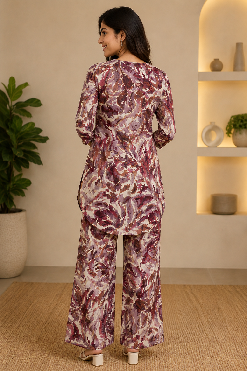 Women's Abstract Print Co-Ord Set – Stylish Floral Kurti with Wide-Leg Pants