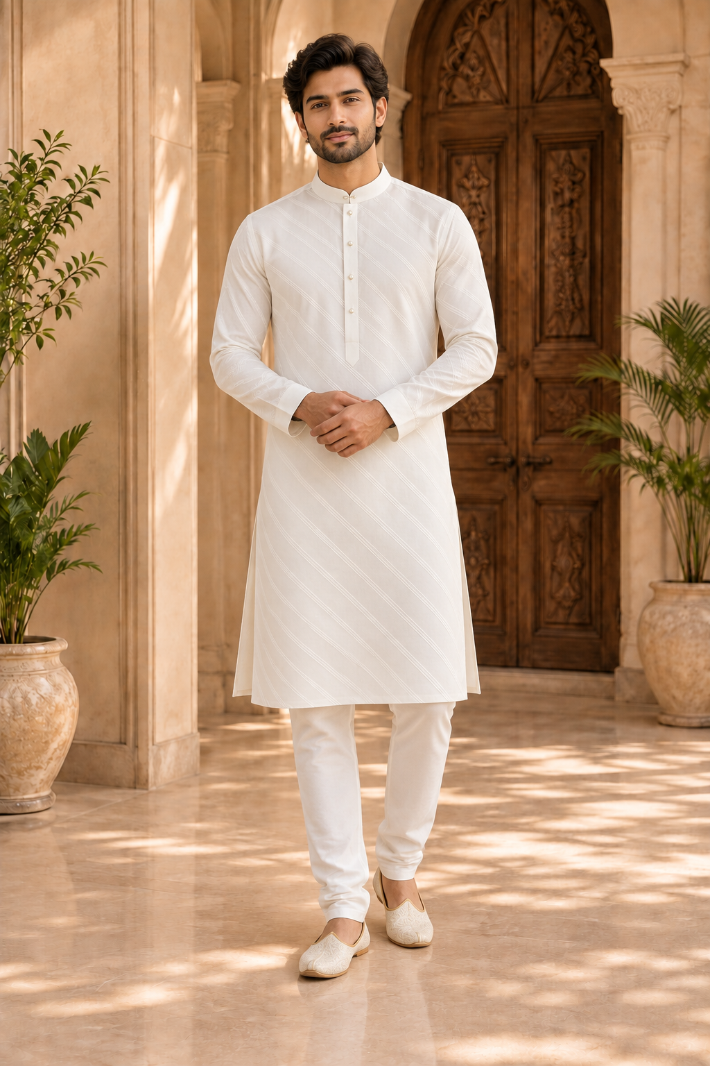 Men’s Premium White Self-Stripe Kurta