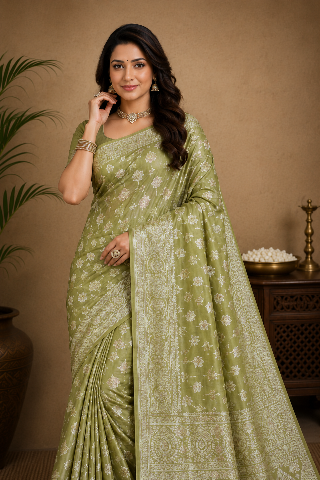 Olive Green Woven Saree with Elegant Zari Floral Motifs & Rich Pallu