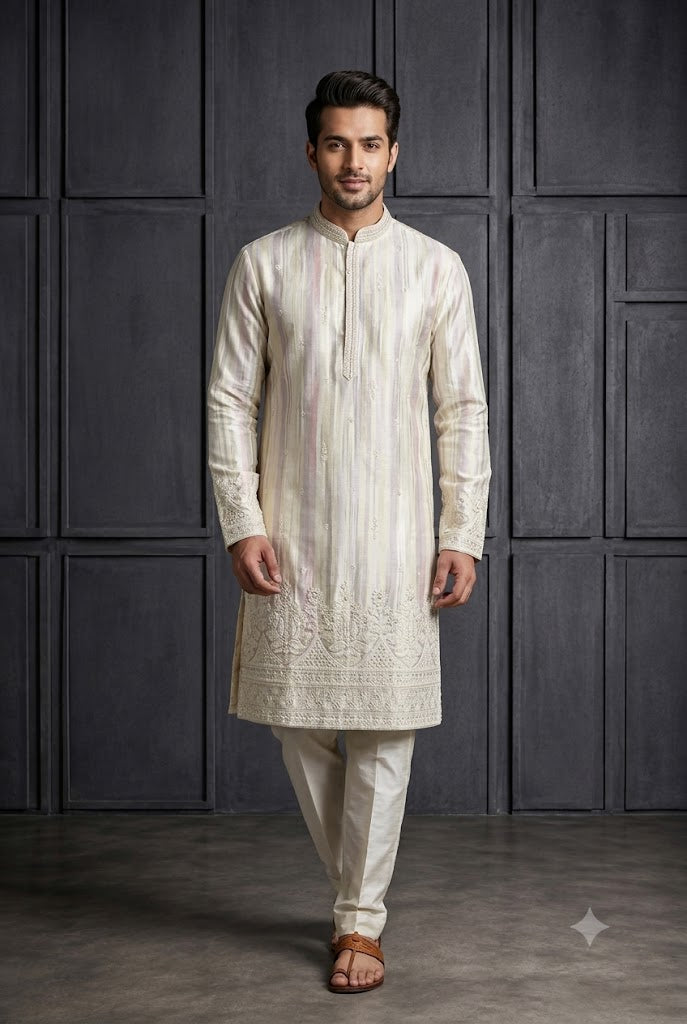 Ivory Textured Embroidered Kurta Set
