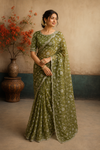 Olive Green Organza Saree with Delicate Floral Embroidery