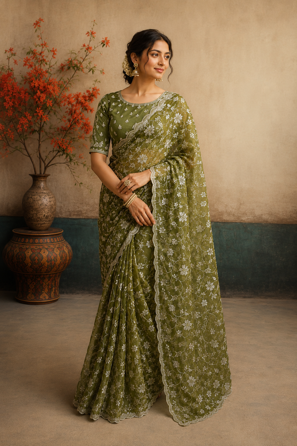 Olive Green Organza Saree with Delicate Floral Embroidery