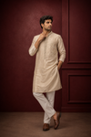 Beige Textured Silk Kurta Set with Side Chest Motif for Men