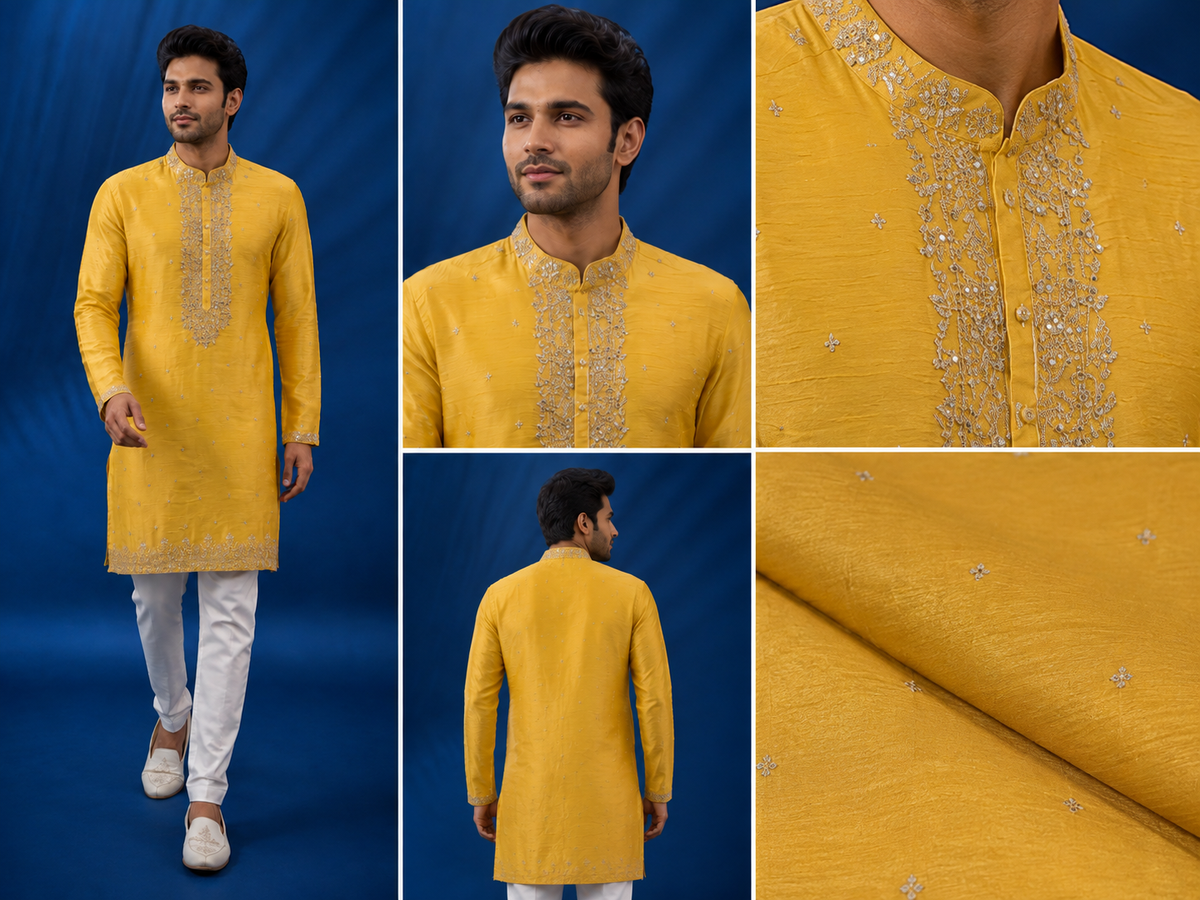 Vibrant Yellow Embroidered Dupion Silk Kurta Set for Men