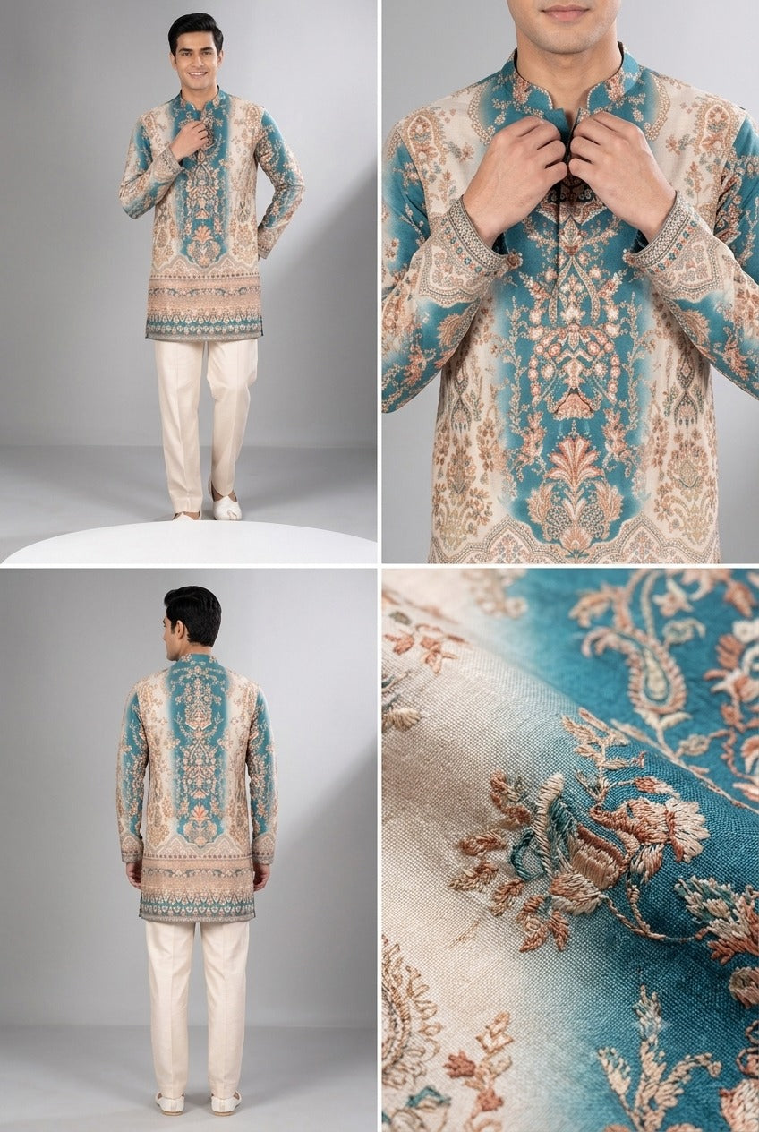 Teal & Beige Printed Kurta Set