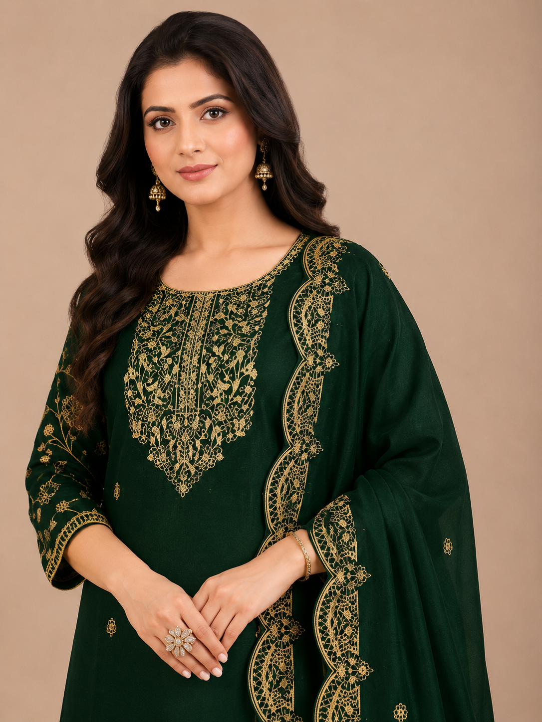 Emerald Green Embroidered Kurta Pant & Dupatta Set for Women