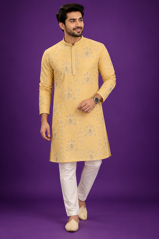 Men’s Mustard Gold Embroidered Festive Kurta