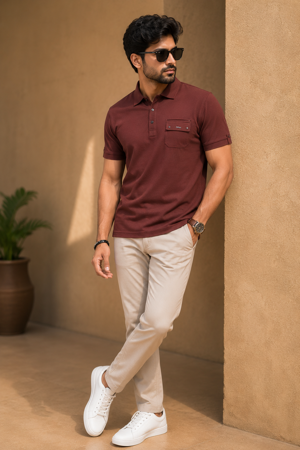 Men's Premium Maroon Polo T-Shirt | Textured  Polo with Flap Pocket