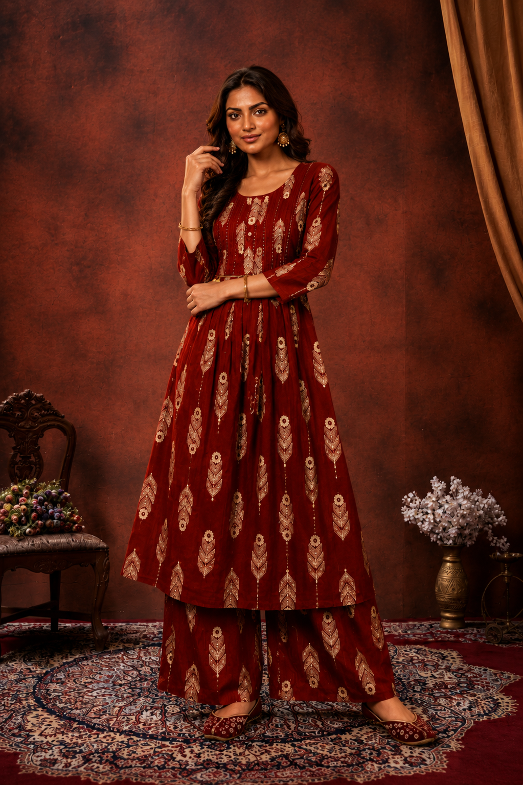 Printed A-Line Kurta Palazzo Set for Women | Festive Ethnic Wear