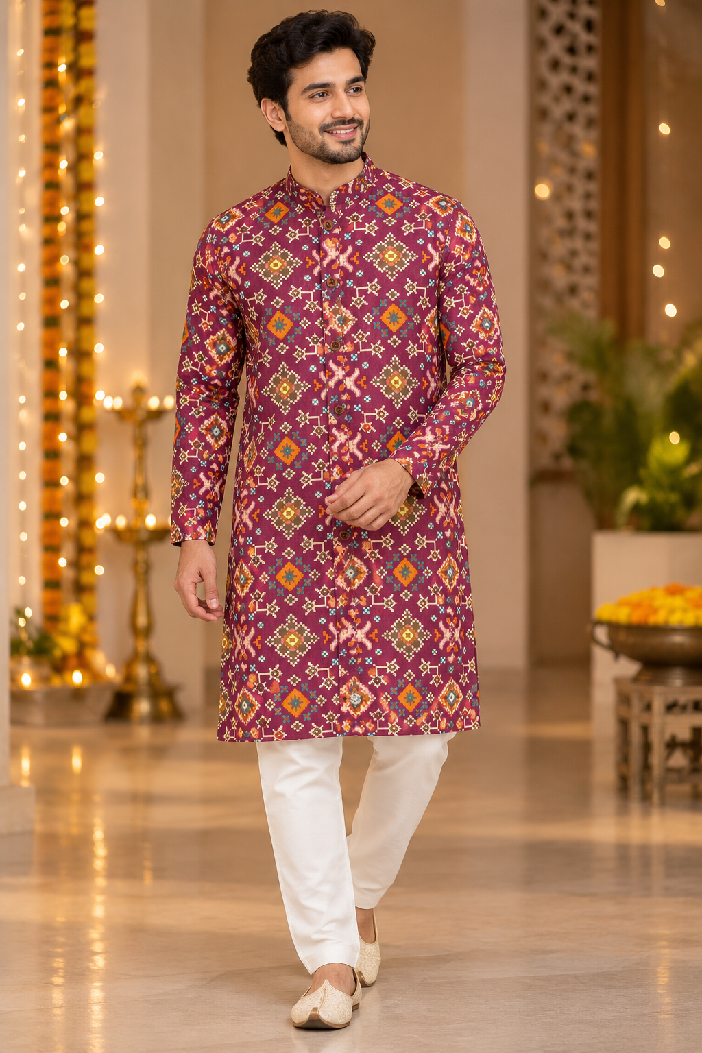 Wine Multicolor Geometric Print Festive Kurta