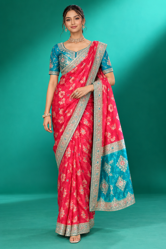 Fuchsia Pink & Teal Embroidered Festive Saree
