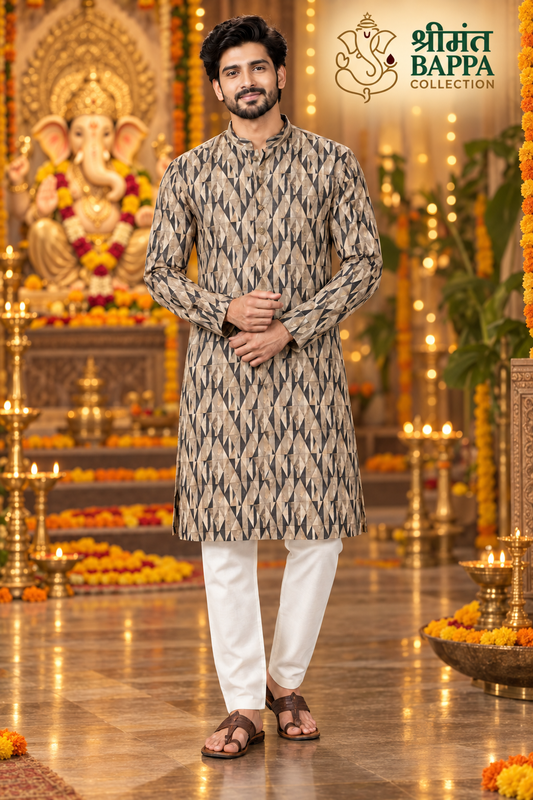 Men's Brown and Black Geometric Printed Long Sleeve Kurta