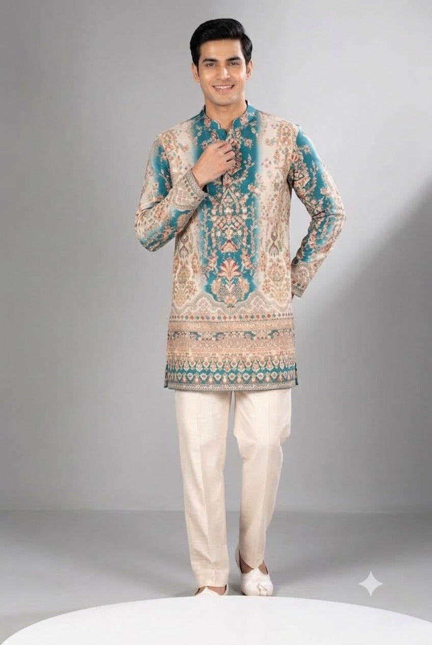 Teal & Beige Printed Kurta Set