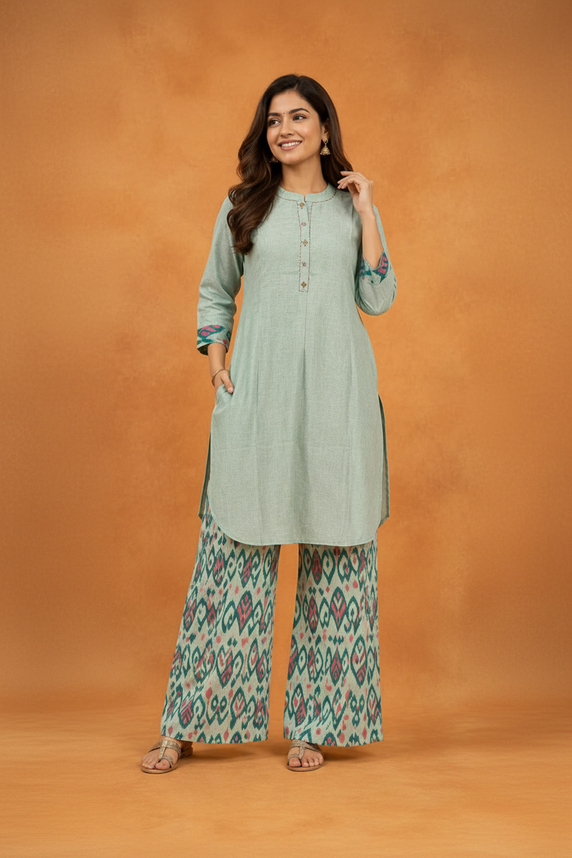 Women's Printed Kurti with Ikat Palazzo Co-ord Set