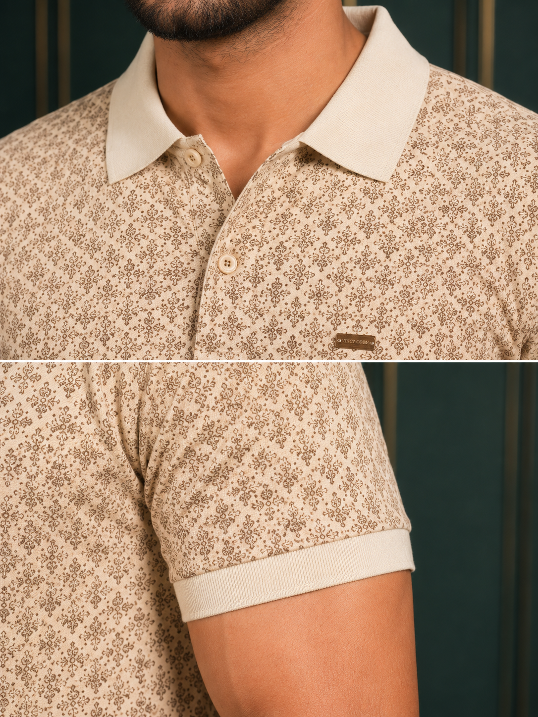 Men's Premium Beige Printed Polo T-Shirt | Soft Cotton Blend | Smart Wear