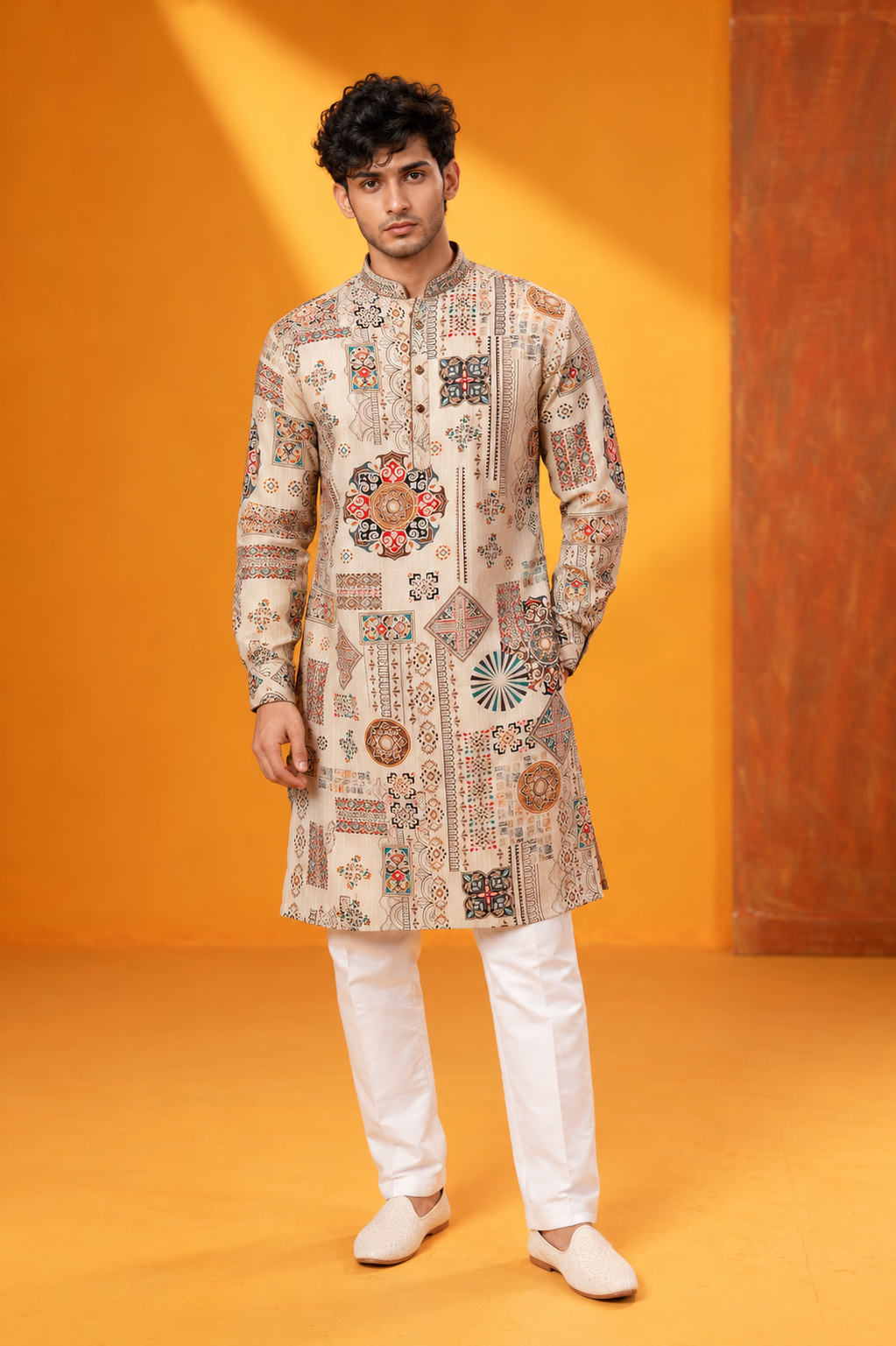 Premium Beige Printed Ethnic Kurta Set