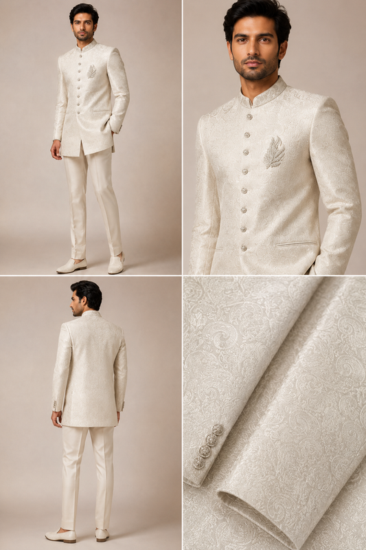 Ivory Jacquard Jodhpuri Bandhgala Suit