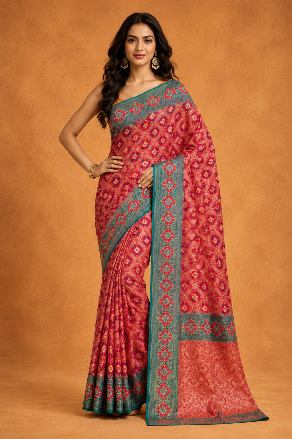 Radiant Pink Saree with Teal Floral  Border