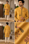 Mustard Yellow Peacock Print Festive Kurta Set
