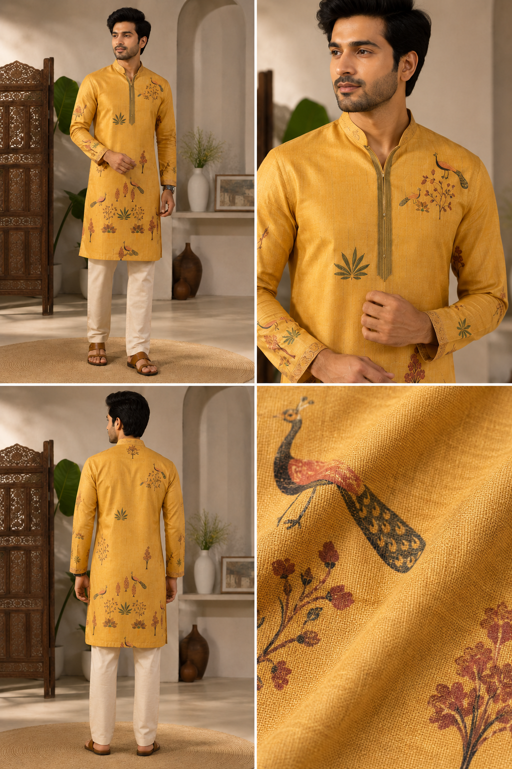 Mustard Yellow Peacock Print Festive Kurta Set