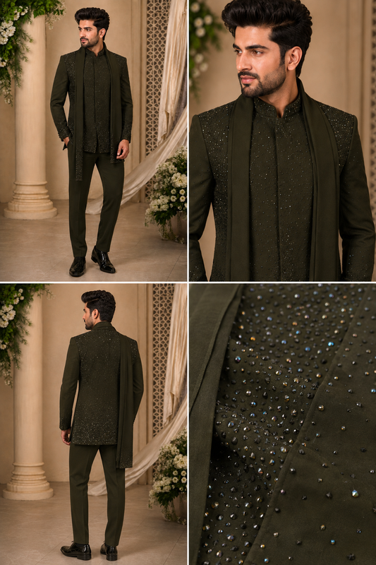 Men’s Olive Black Embellished Indo-Western Set with Stole