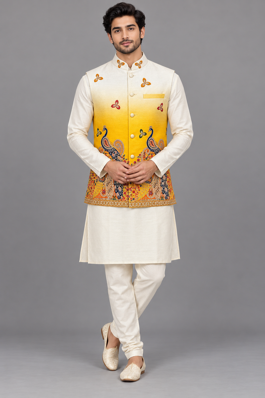 Ivory to Mustard Yellow Peacock Embroidered Modi Jacket