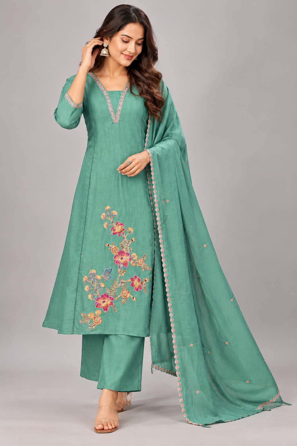 Elegant Sea Green Floral Embroidered Kurti Pant Set with Dupatta