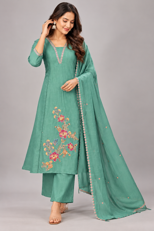 Elegant Sea Green Floral Embroidered Kurti Pant Set with Dupatta