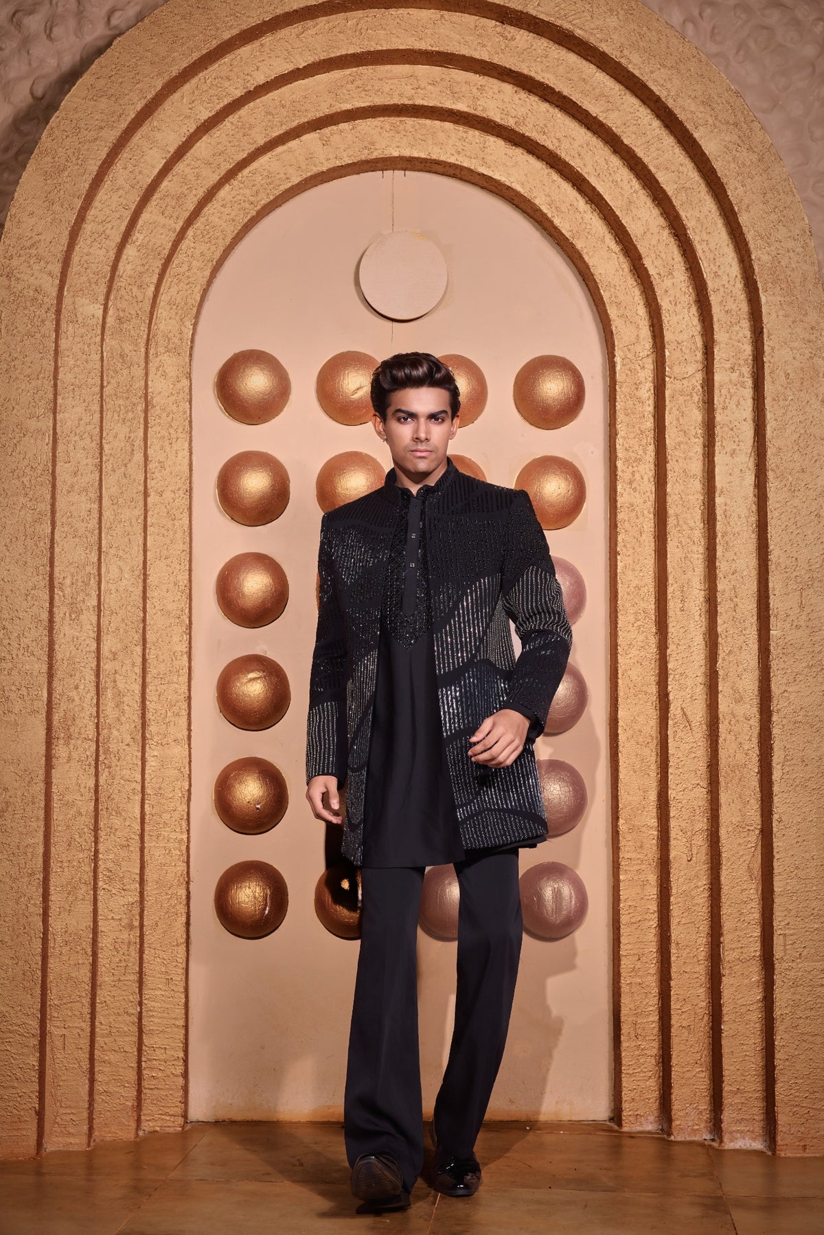 Black Textured Indo-Western Jacket Set