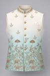 Premium Ivory & Aqua Blue Embroidered Modi Jacket