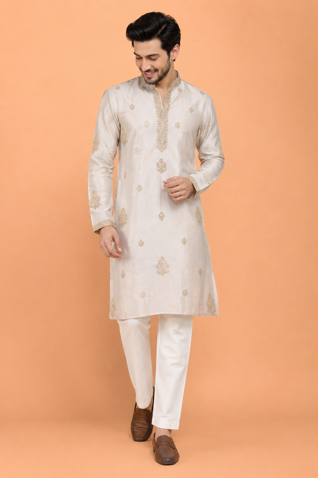 Ivory Gold Embroidered Men’s Festive Kurta