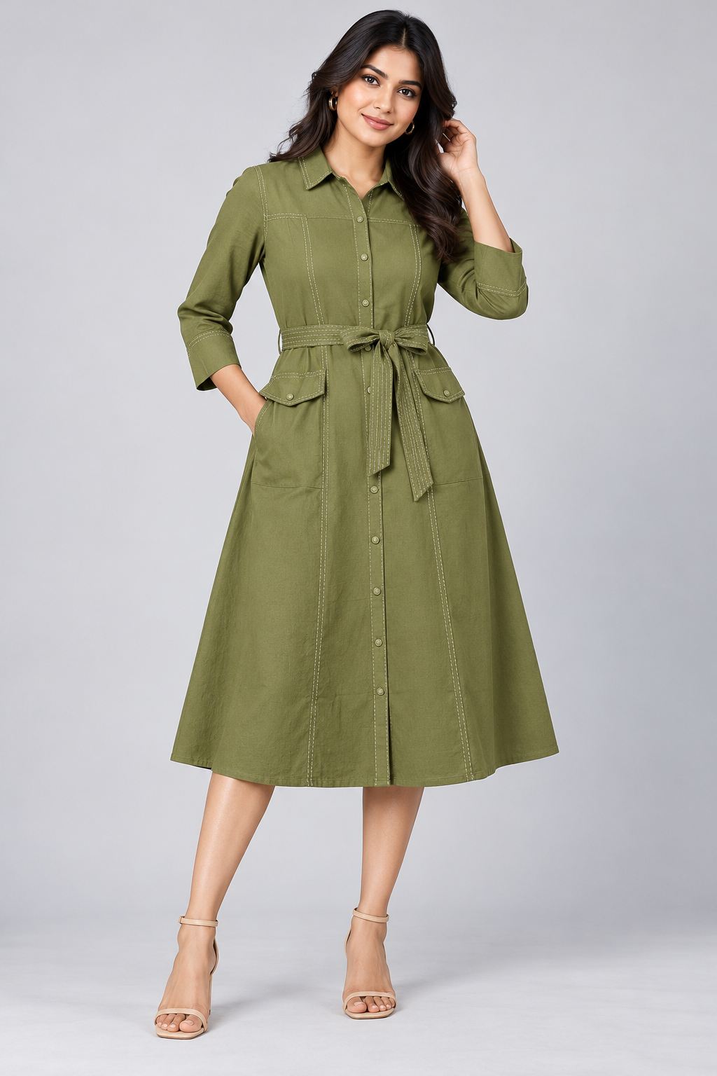 Women's Olive Green Belted A-Line Shirt Dress