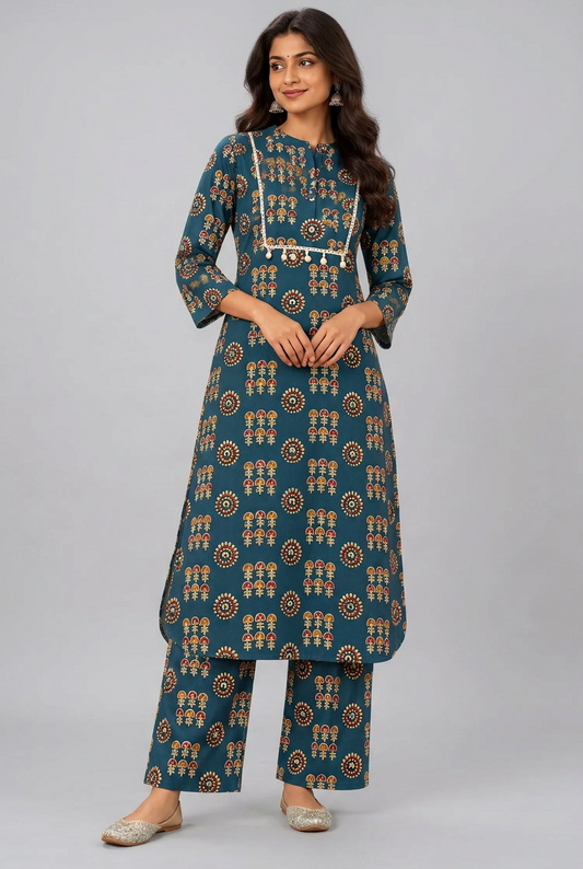Elegant Teal Blue Printed Kurta Pant Co-Ord Set for Women