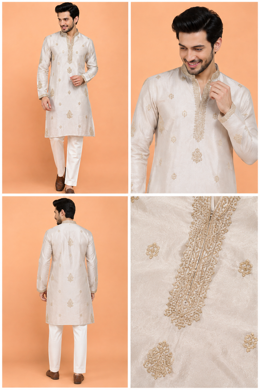Ivory Gold Embroidered Men’s Festive Kurta