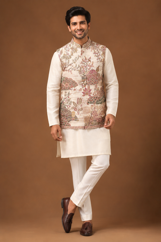 Ivory Heritage Printed Nehru Jacket Kurta Set