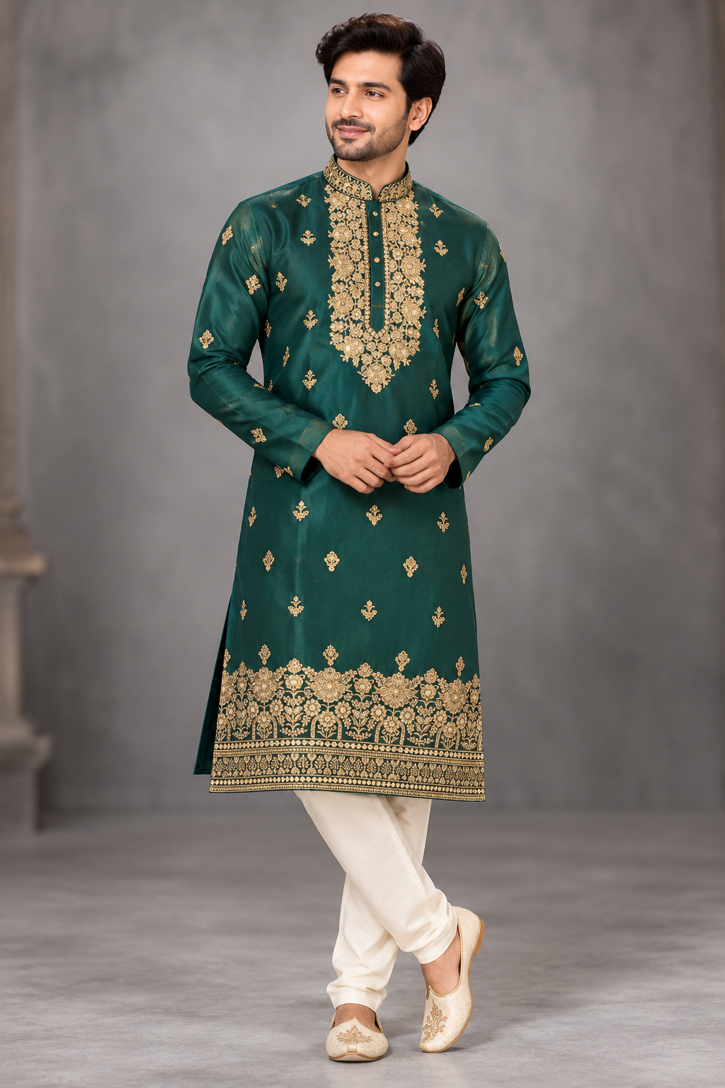 Men's Emerald Green Embroidered Only Festive Kurta
