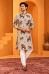 Men's Beige Horse Print Cotton Kurta