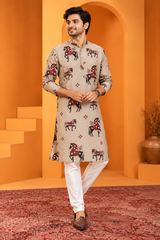Men's Beige Horse Print Cotton Kurta