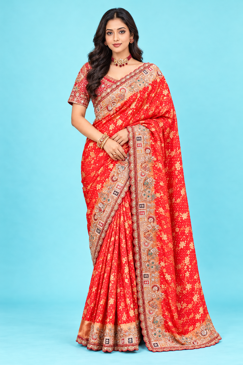 Royal Red Designer Saree with Golden Floral Motifs & Heavy Embroidered Border