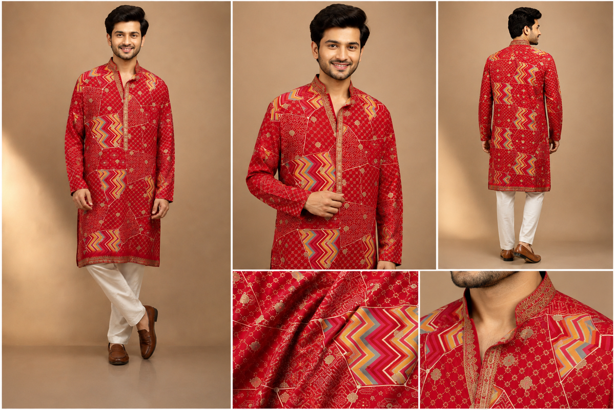 Festive Red Patchwork Print Kurta