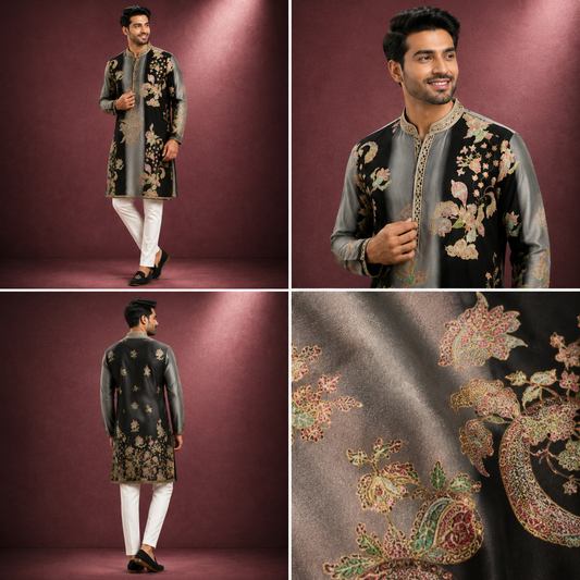Grey & Black Dual-Tone Floral Embroidered Kurta Set Men
