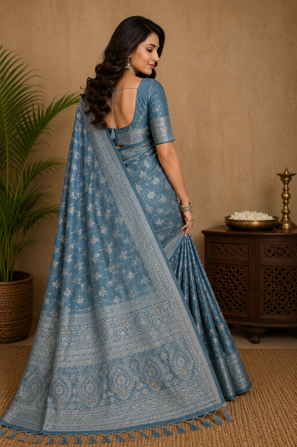 Elegant Steel Blue Saree with Silver Zari Woven Border &  Pallu