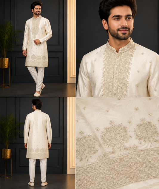 Ivory Gold Embroidered Premium Festive Kurta Set for Men