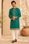 Emerald Green Embroidered Festive Kurta for Men
