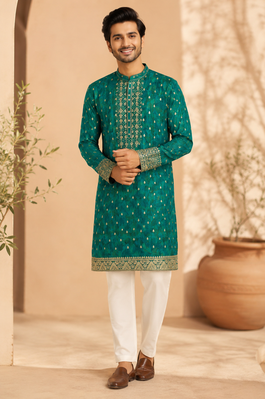 Emerald Green Embroidered Festive Kurta for Men