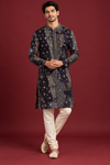 Navy Blue Gold Print Festive Kurta Set