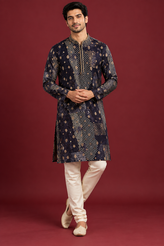 Navy Blue Gold Print Festive Kurta Set